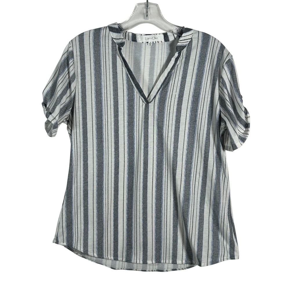 Eden & Olivia Blue Grey Striped V-Neck Roll Tab Sleeve Blouse‎ Small